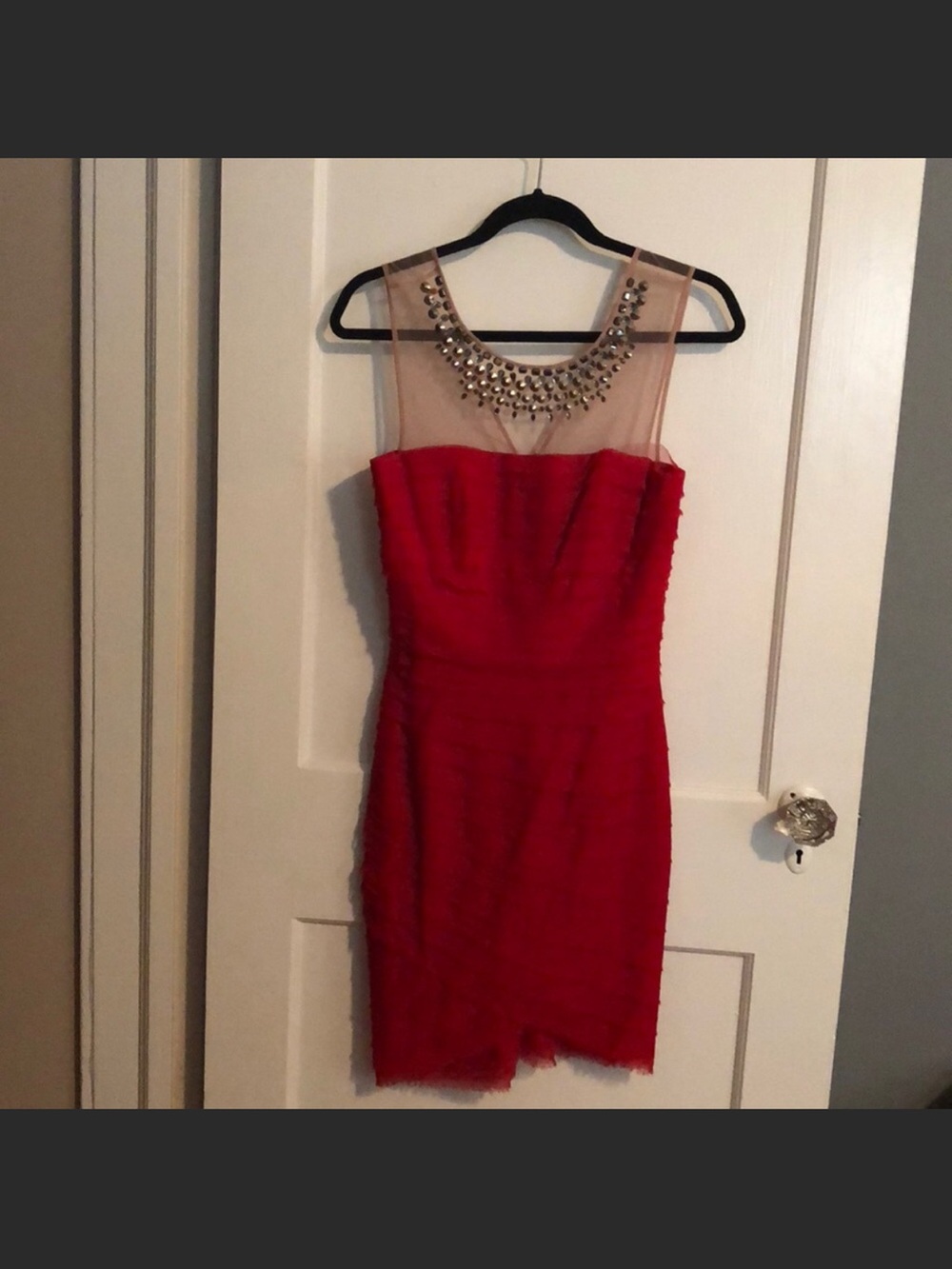 BCBGMaxAzria Red Sheer Yoke Jewel Neck Bodycon Mini Dress